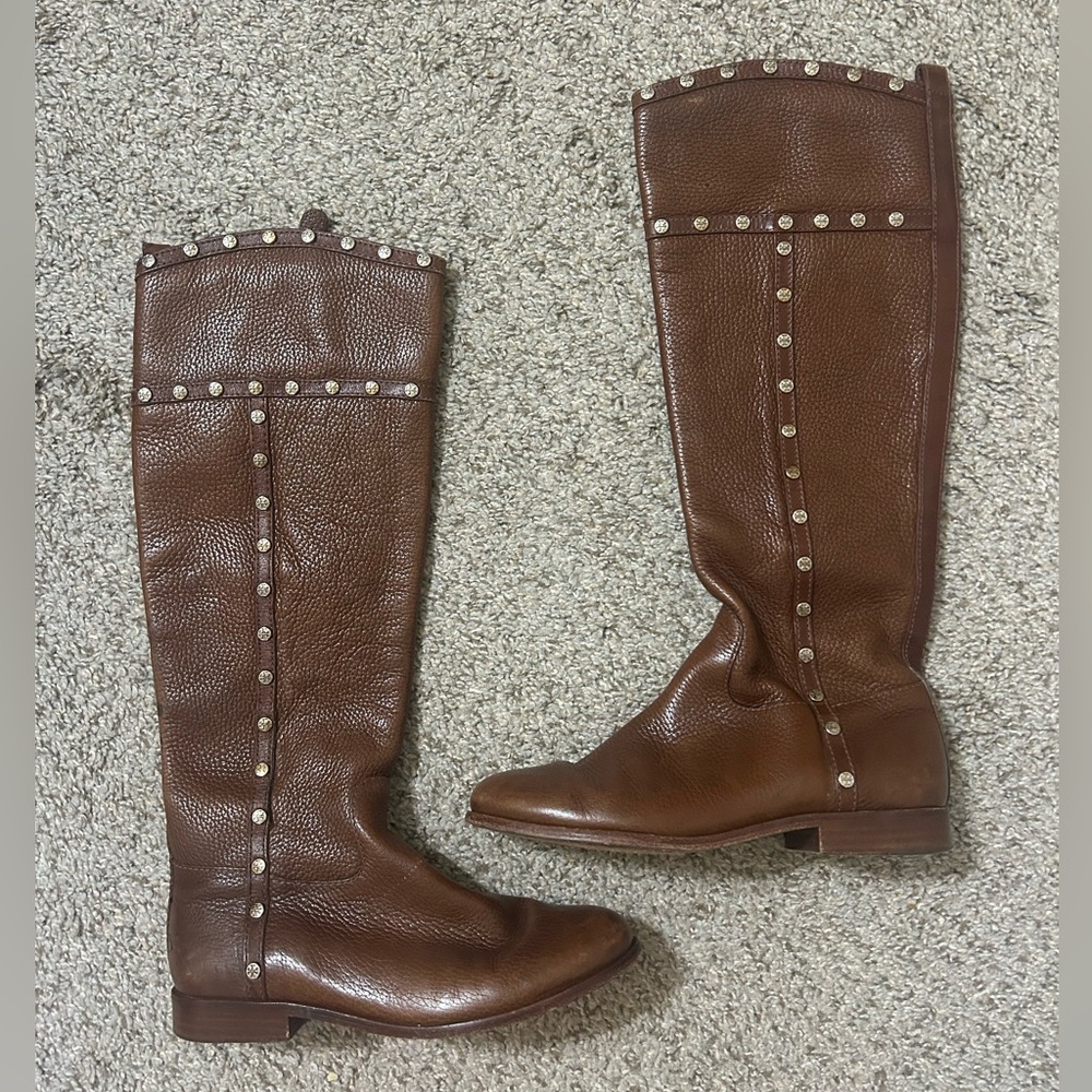 Tory Burch Mae Gold Studs Brown Pebble Leather Tall Riding Boots Women's Size 6